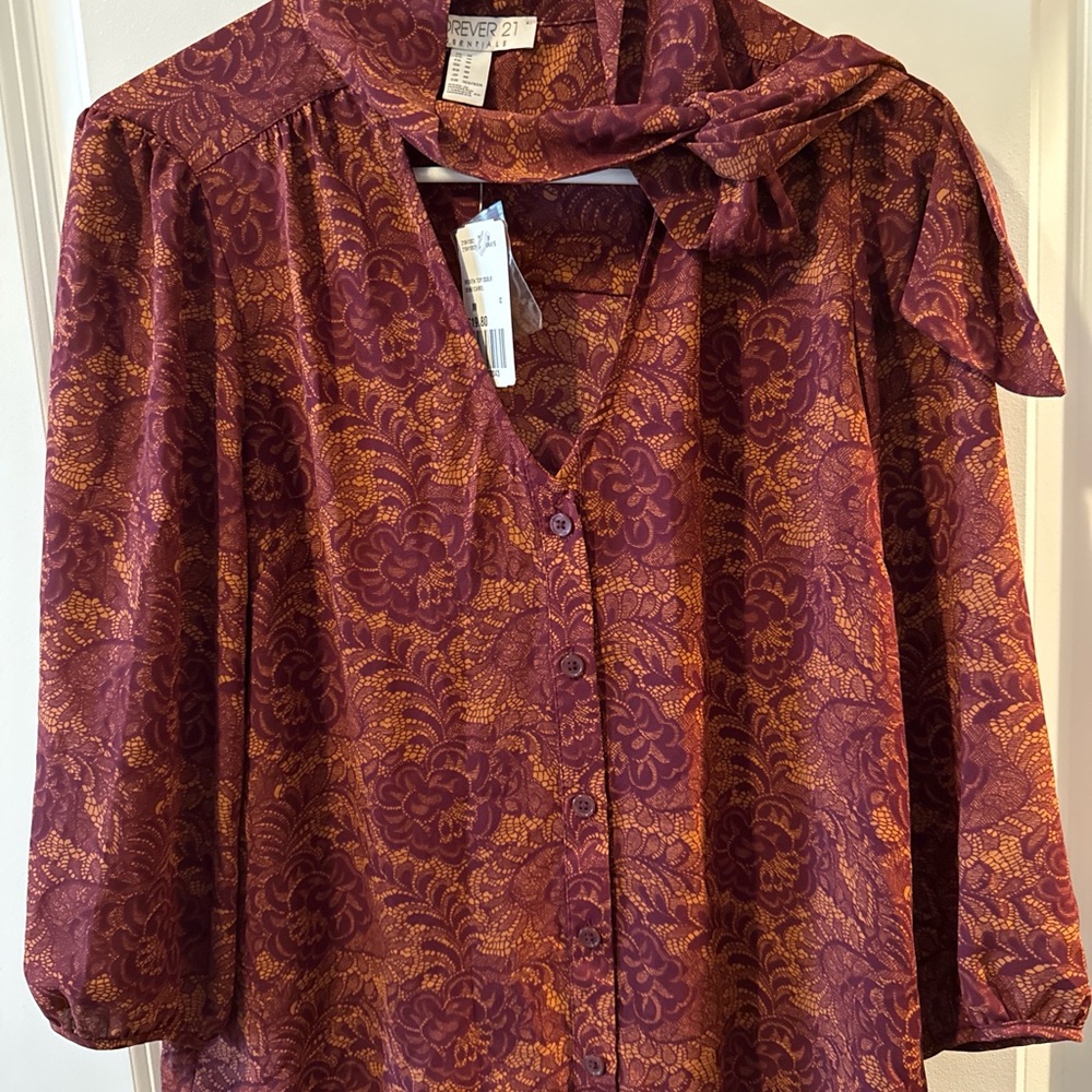 Forever 21 Maroon and Gold Patterned Blouse